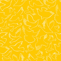 Seamless pattern with white lineal birds on yellow background. Vector hand drawn birds.