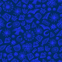 Seamless doodle pattern. Vector hand drawn pattern on blue background. Kids theme. Great for package or fabric design. Sketchy style.