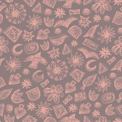 Seamless doodle pattern. Vector hand drawn pattern on grey background. Kids theme. Great for package or fabric design. Sketchy style.