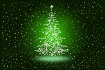 Naklejka na ściany i meble Christmas tree from snowflakes on an abstract green background