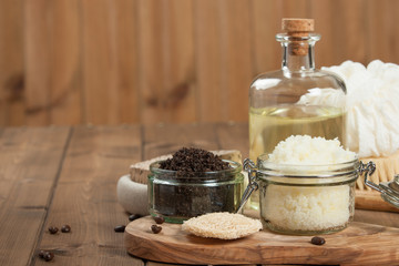Fototapeta na wymiar Handmade Coffee Scrub And Lemon Scrub With Coconut Oil. Toiletri