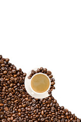 A white cup of coffee and beans isolate on white background with copy space