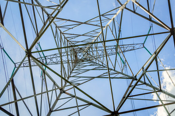Power pylon from below against a blue sky