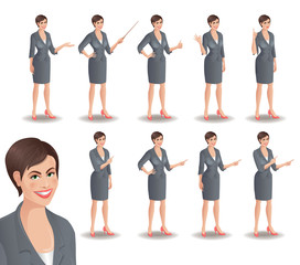 Obraz premium Set of cartoon smiling businesswoman in suit standing in different presentation poses. Vector illustration isolated on white background.