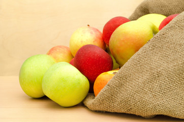 Fresh apples in the sack close-up on  a light wooden background