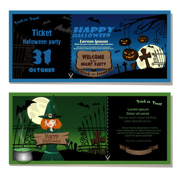 Ticket to Halloween party. Invitation to Halloween night party. Cute young witch in a magic hat in the cemetery. Vector illustration