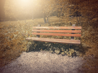  In Autumn. Fantasy fable Bench in Park with Sunrise scene.
