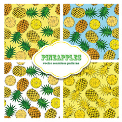 Set of seamless patterns with colored doodle pineapples. Vector illustration