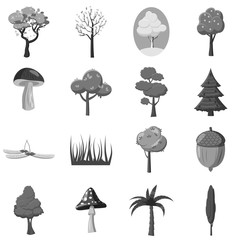 Forest elements icons set. Gray monochrome illustration of 16 forest vector icons for web