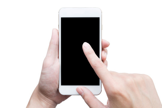 Man using a smartphone on isolated white background.
