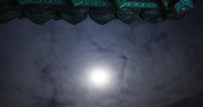 Night secene of Temple eaves with moon and clouds moving
