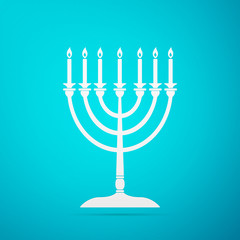 Hanukkah menorah flat icon on blue background. Vector Illustration