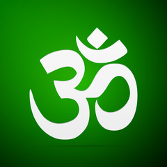 Sign Om. Symbol of Buddhism and Hinduism religions flat icon on green background. Vector Illustration