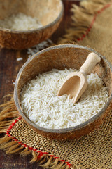 Rice on coconut bowl
