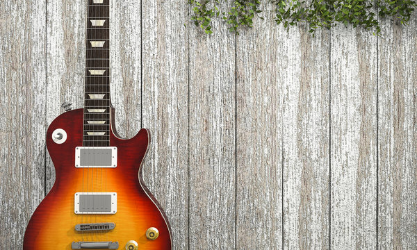 3d illustration cool electric guitar on white wood background Modern grunge and rock style