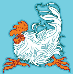 Expressive Cockerel on Turquoise Background. Vector image. A Symbol of Eastern Calendar.