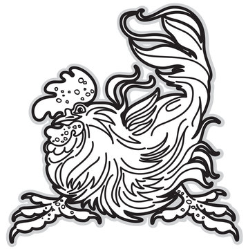 Black and White Image of Rooster. A Symbol of Eastern Calendar. Vector Illustration.
