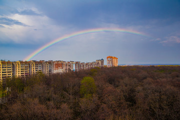 View to the spring rainbow above Voronezh downtown from the roof