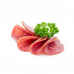 Salami smoked sausages slices isolated on white background.