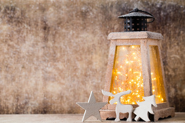 Lantern with christmas tree, Christmas decor. Greeting Card.