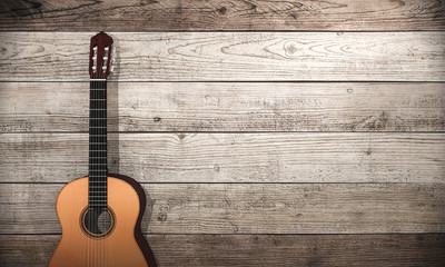 Obraz premium 3d rendering classical guitar near wooden wall