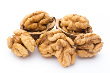 Walnut and walnut kernel isolated on the white background.