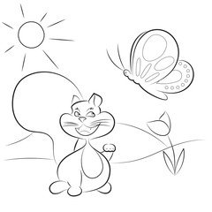 Cat catching butterfly, for coloring