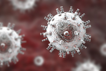 Kaposi's sarcoma virus. 3D illustration of a herpes virus type 8 which causes Kaposi's sarcoma in HIV-infected patients - obrazy, fototapety, plakaty