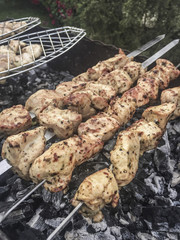 Shish kebab on skewers roasted over bbq
