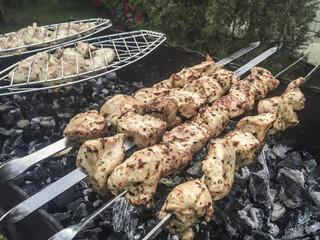 Shish kebab on skewers roasted over bbq