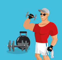Man cartoon and weights icon. Healthy lifestyle fitness gym and bodybuilding theme. Colorful design. Vector illustration