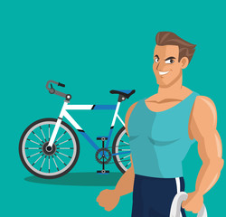 Man cartoon and bike icon. Healthy lifestyle fitness gym and bodybuilding theme. Colorful design. Vector illustration