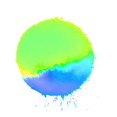 Colorful abstract watercolor circle with splashes and spatters. Modern creative watercolor background for trendy design.