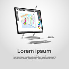 Desktop Modern Computer Graphic Designer Workplace Vector Illustration