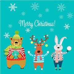 Merry Christmas, animals, bear wearing a sweater with snowflakes, rabbit, deer with lights and rabbit.