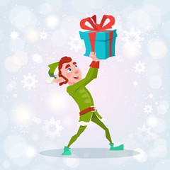 Christmas Elf Boy Cartoon Character Santa Helper With Present Box Flat Vector Illustration