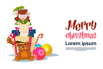 Christmas Elf Girl Cartoon Character Santa Helper Read Present List Box Flat Vector Illustration