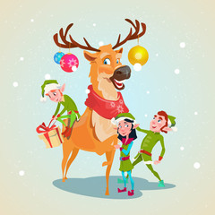 Christmas Elf Group Reindeer Cartoon Character Santa Helper With Present Box Stack Flat Vector Illustration