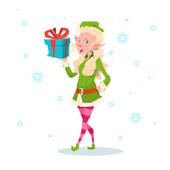 Christmas Elf Girl Cartoon Character Santa Helper Hold Present Box Flat Vector Illustration