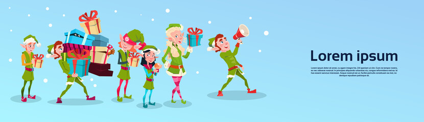 Christmas Elf Group Cartoon Character Santa Helper With Present Box Stack Flat Vector Illustration - obrazy, fototapety, plakaty