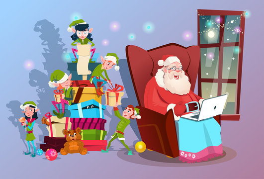 Santa Claus Using Laptop Green Elf Helper Group With Present Happy New Year Merry Christmas Banner Flat Vector Illustration