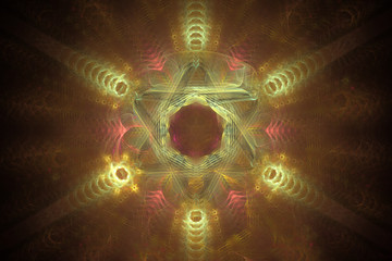 Abstract fractal colorful flower with rays on a black background