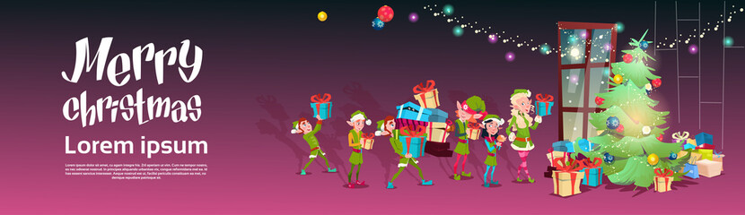 Green Elf Group Bring Presents To Christmas Tree Greeting Card Decoration Happy New Year Banner Flat Vector Illustration