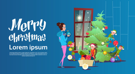 Green Elf Group With Woman Decorate Christmas Tree Greeting Card Decoration Happy New Year Banner Flat Vector Illustration