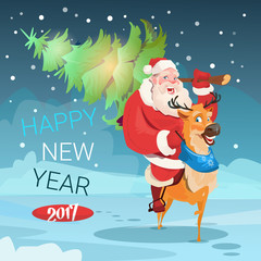 Santa Claus Carry Christmas Green Tree Reindeer Greeting Card Decoration Happy New Year Banner Flat Vector Illustration