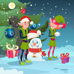 Obraz na płótnie Canvas Green Elf Group Making Snowman Near Decorated Pine Tree Merry Christmas Happy New Year Banner Flat Vector Illustration