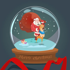 Santa Claus Carry Big Sack On Reindeer Wish Glass Ball Greeting Card Happy New Year Flat Vector Illustration