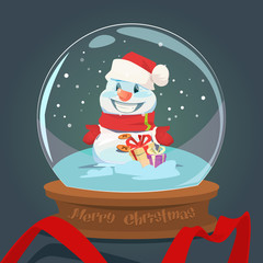 Snowman Wish Glass Ball Greeting Card Happy New Year Merry Christmas Decoration Flat Vector Illustration