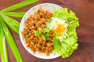 spicy minced pork salad, minced pork mash with mint leaves, Thai food