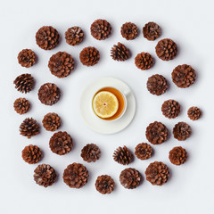 Tea cup with pine corn on white background. Winter concept. View from above. Flat lay